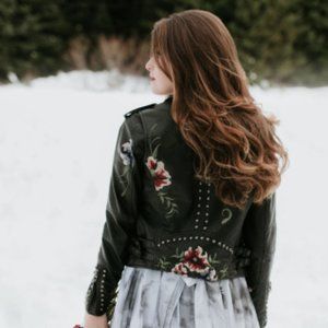 Black Vegan Leather Floral Embroidered Jacket